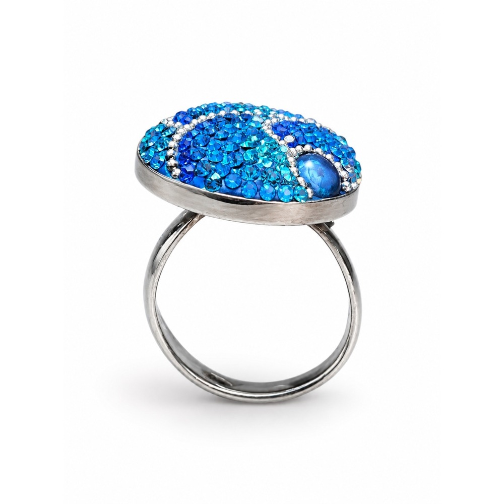925 Sterling Silver Adjustable Ring Blue Oval Shaped Sparkly Mosaic Crystals - Picture 2 of 2